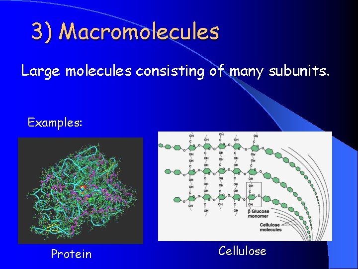 3) Macromolecules Large molecules consisting of many subunits. Examples: Protein Cellulose 