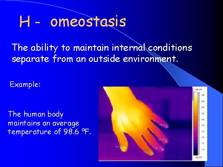 H - omeostasis The ability to maintain internal conditions separate from an outside environment. H - omeostasis The ability to maintain internal conditions separate from an outside environment.