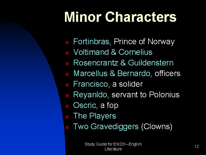 Minor Characters n n n n n Fortinbras, Prince of Norway Voltimand & Cornelius