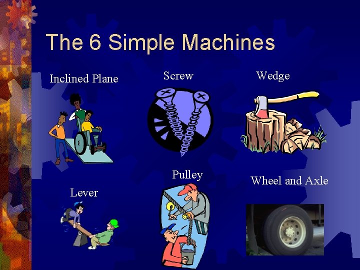 The 6 Simple Machines Inclined Plane Screw Pulley Lever Wedge Wheel and Axle 