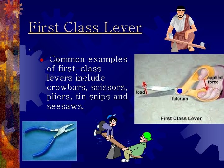 First Class Lever. ® Common examples of first-class levers include crowbars, scissors, pliers, tin