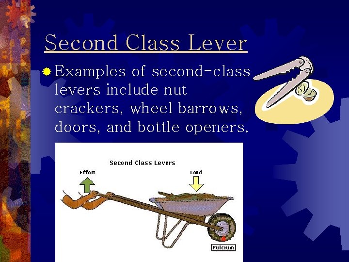 Second Class Lever ® Examples of second-class levers include nut crackers, wheel barrows, doors,