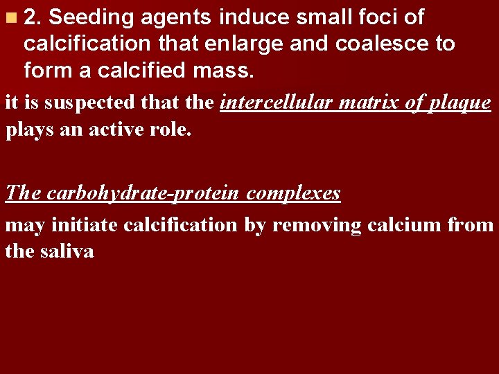 n 2. Seeding agents induce small foci of calcification that enlarge and coalesce to