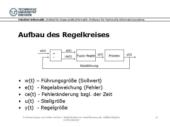 Fakultät Informatik, Institut für Angewandte Informatik, Professur für Technische Informationssysteme Aufbau des Regelkreises • Fakultät Informatik, Institut für Angewandte Informatik, Professur für Technische Informationssysteme Aufbau des Regelkreises •