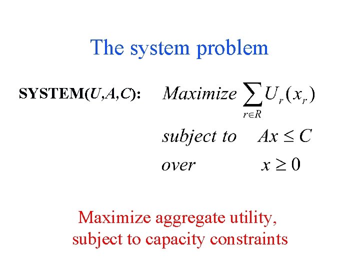 The system problem SYSTEM(U, A, C): Maximize aggregate utility, subject to capacity constraints 