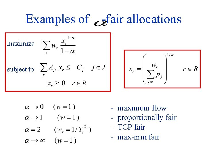 Examples of -fair allocations maximize subject to - maximum flow - proportionally fair -