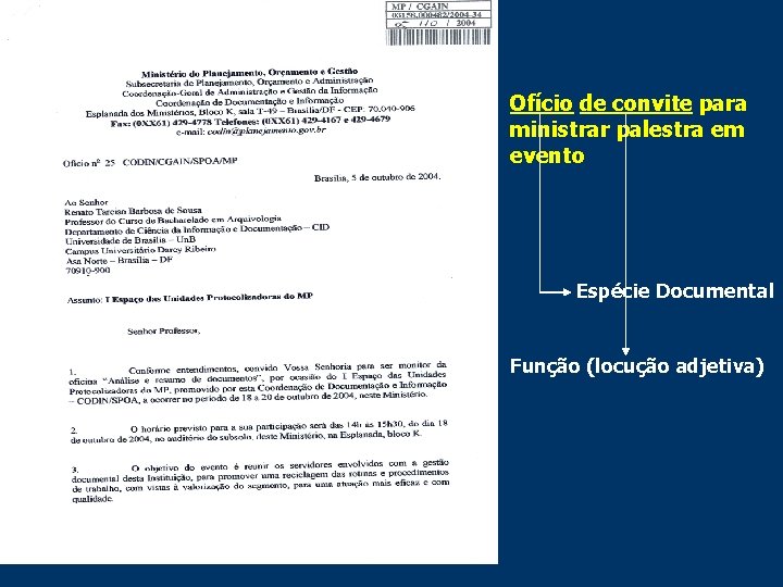 Ofício de convite para ministrar palestra em evento Espécie Documental Função (locução adjetiva) 