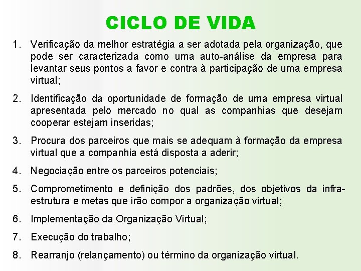 CICLO DE VIDA 1. Verificação da melhor estratégia a ser adotada pela organização, que