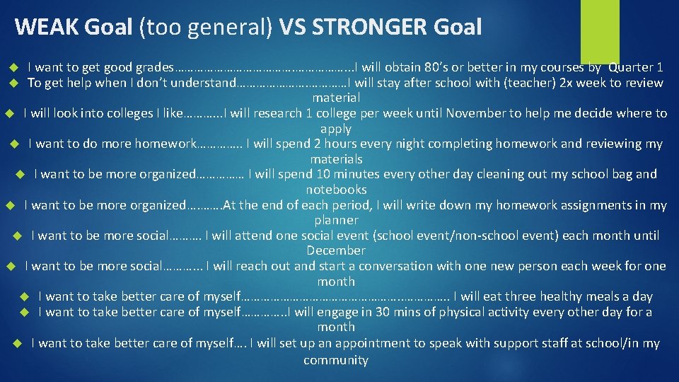 WEAK Goal (too general) VS STRONGER Goal I want to get good grades………………. .