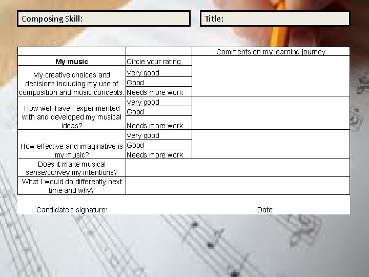 Composing Skill: My music Title: Circle your rating Very good My creative choices and