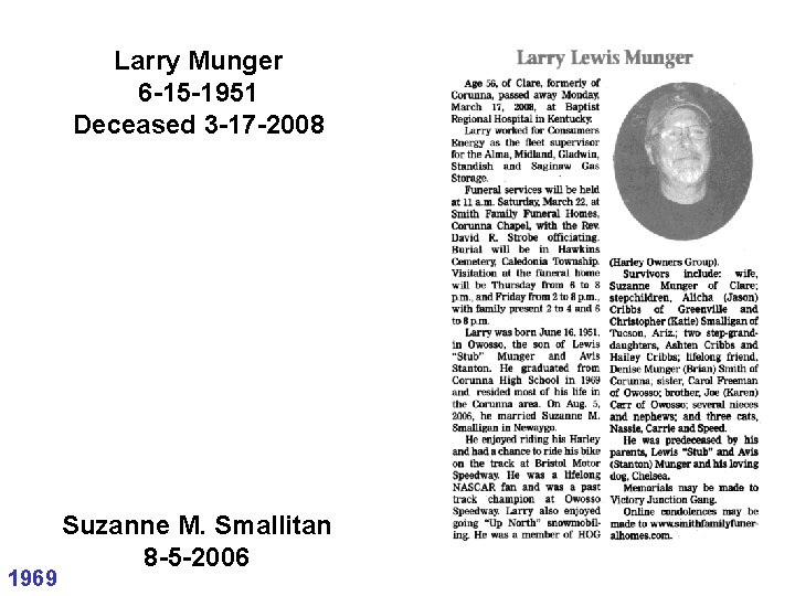 Larry Munger 6 -15 -1951 Deceased 3 -17 -2008 1969 Suzanne M. Smallitan 8