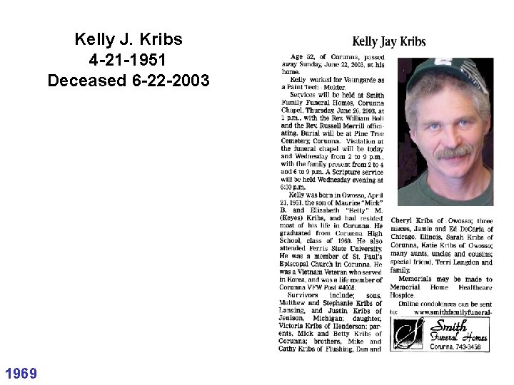 Kelly J. Kribs 4 -21 -1951 Deceased 6 -22 -2003 1969 