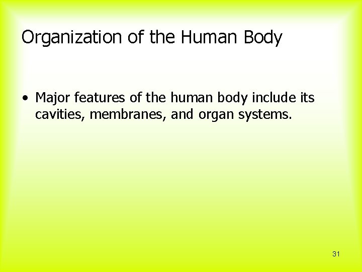 Organization of the Human Body • Major features of the human body include its