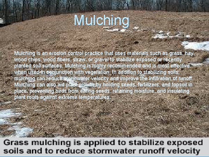 Mulching is an erosion control practice that uses materials such as grass, hay, wood Mulching is an erosion control practice that uses materials such as grass, hay, wood