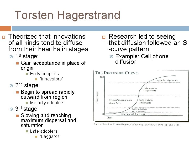 Torsten Hagerstrand Theorized that innovations of all kinds tend to diffuse from their hearths