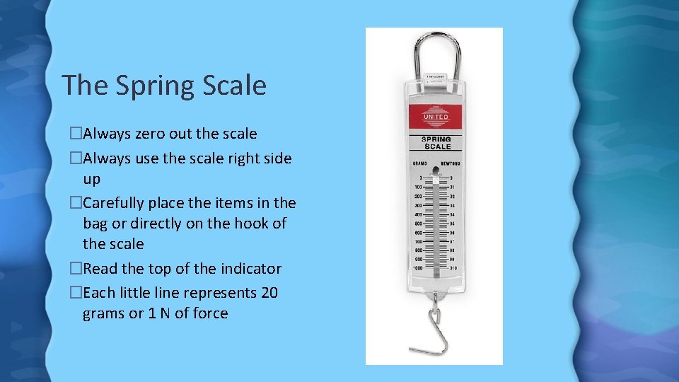 The Spring Scale �Always zero out the scale �Always use the scale right side