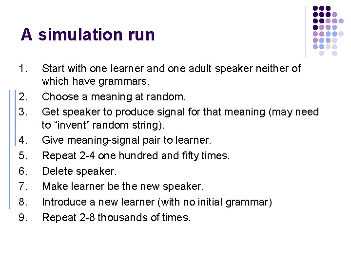 A simulation run 1. 2. 3. 4. 5. 6. 7. 8. 9. Start with