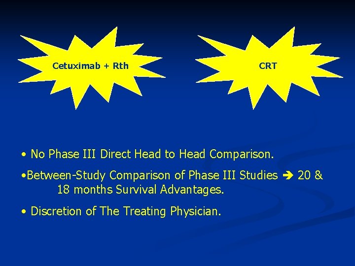 Cetuximab + Rth CRT • No Phase III Direct Head to Head Comparison. •