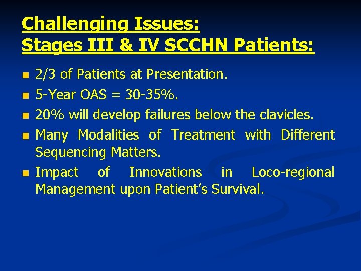 Challenging Issues: Stages III & IV SCCHN Patients: n n n 2/3 of Patients