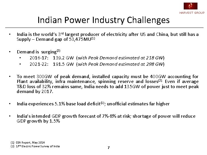 Indian Power Industry Challenges HARVEST GROUP • India is the world’s 3 rd largest