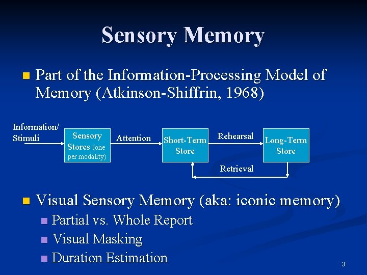 Sensory Memory n Part of the Information-Processing Model of Memory (Atkinson-Shiffrin, 1968) Information/ Stimuli