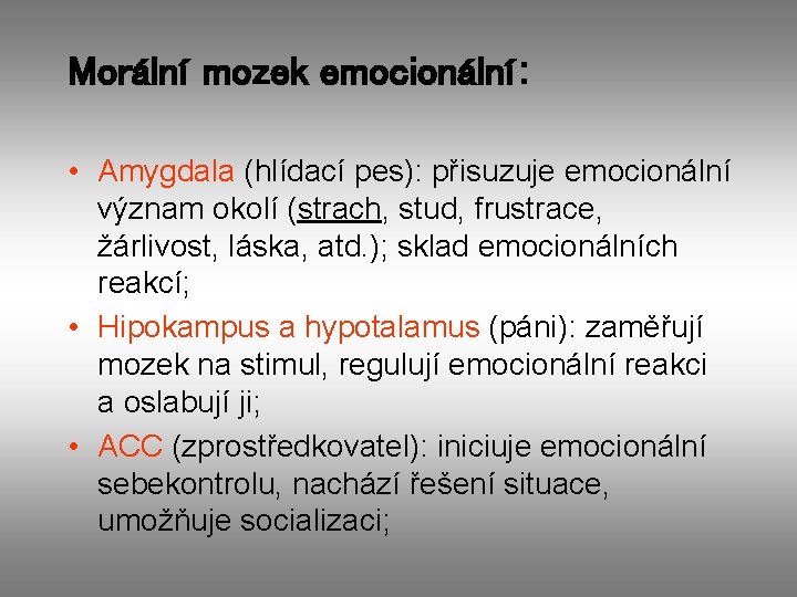 Morální mozek emocionální: • Amygdala (hlídací pes): přisuzuje emocionální význam okolí (strach, stud, frustrace,