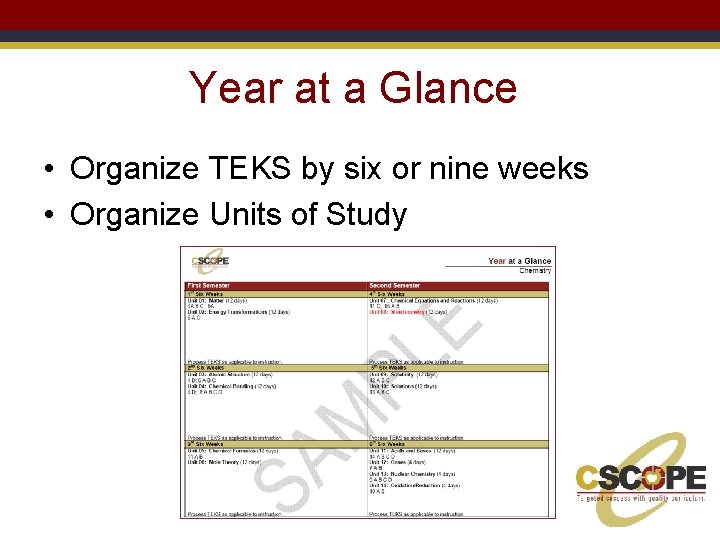 Year at a Glance • Organize TEKS by six or nine weeks • Organize