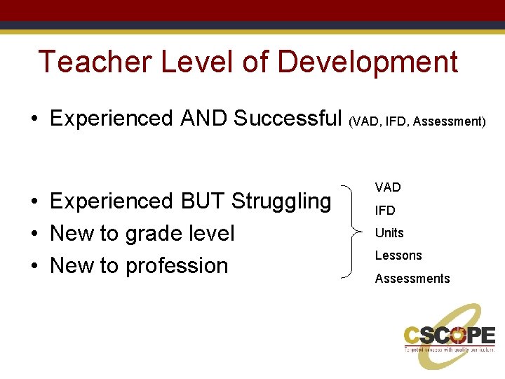 Teacher Level of Development • Experienced AND Successful (VAD, IFD, Assessment) • Experienced BUT