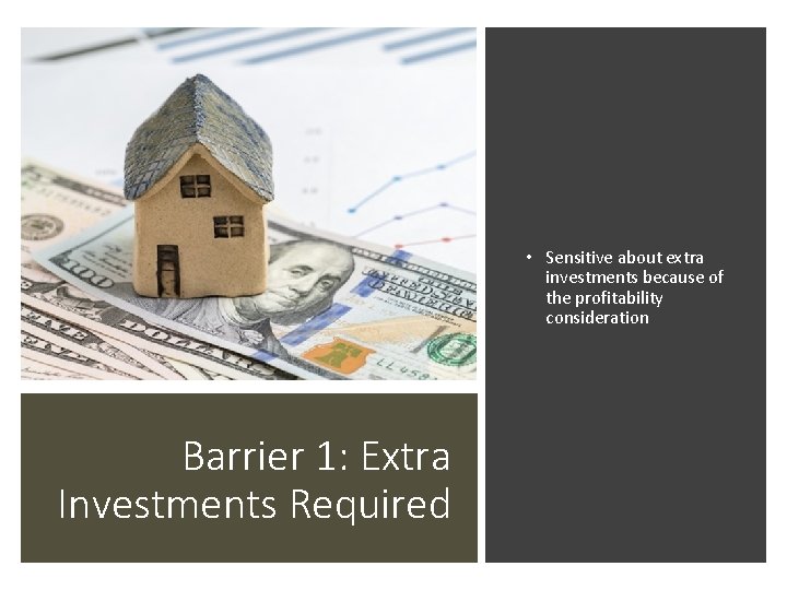  • Sensitive about extra investments because of the profitability consideration Barrier 1: Extra