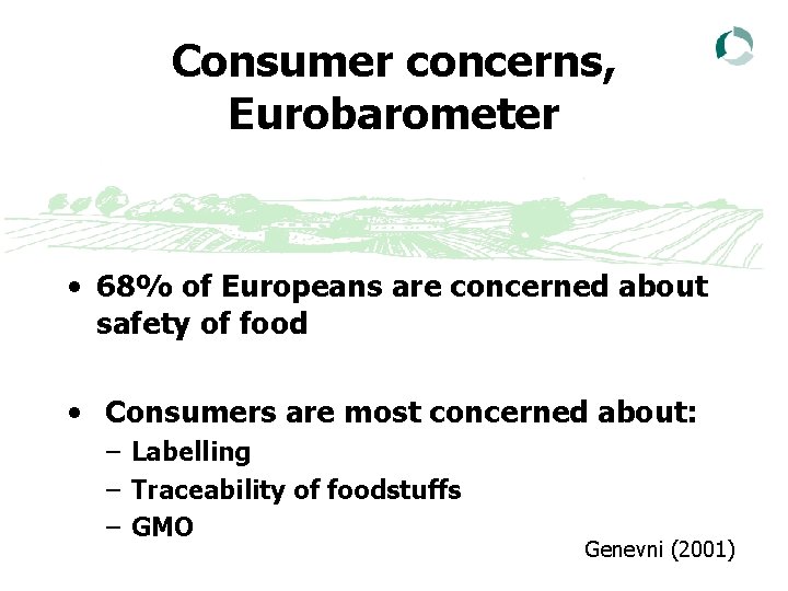Consumer concerns, Eurobarometer • 68% of Europeans are concerned about safety of food •