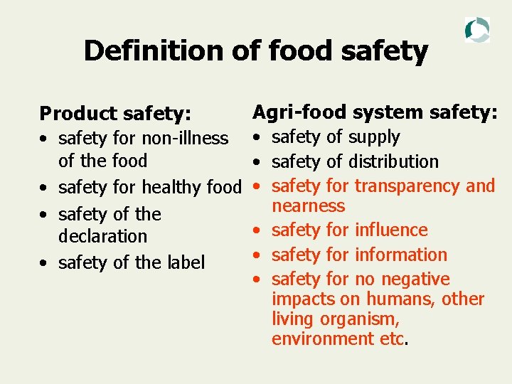 Definition of food safety Product safety: • safety for non-illness of the food •