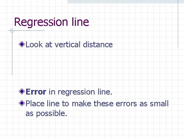 Regression line Look at vertical distance Error in regression line. Place line to make