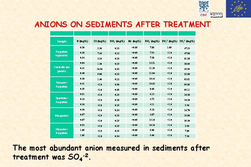 ANIONS ON SEDIMENTS AFTER TREATMENT Sample Paspalum vaginatum F- (mg/L) Cl- (mg/L) NO 2