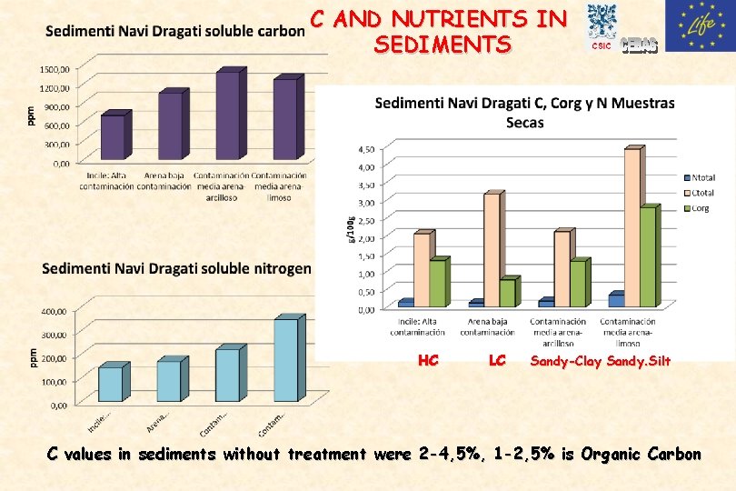 C AND NUTRIENTS IN SEDIMENTS HC LC Sandy-Clay Sandy. Silt C values in sediments