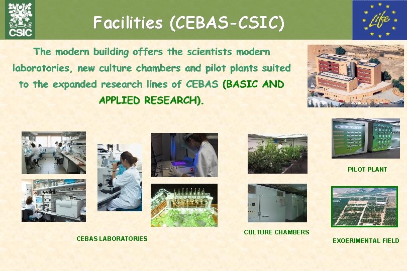 Facilities (CEBAS-CSIC) PILOT PLANT CULTURE CHAMBERS CEBAS LABORATORIES EXOERIMENTAL FIELD 