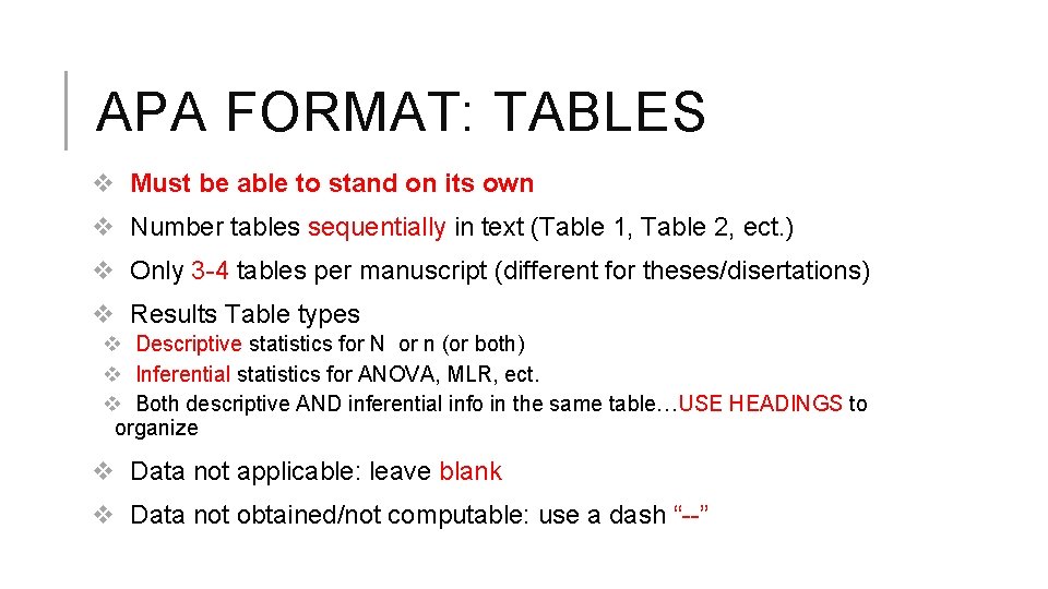 APA FORMAT: TABLES v Must be able to stand on its own v Number