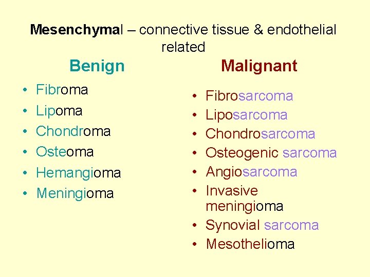 Mesenchymal – connective tissue & endothelial related Benign • • • Fibroma Lipoma Chondroma