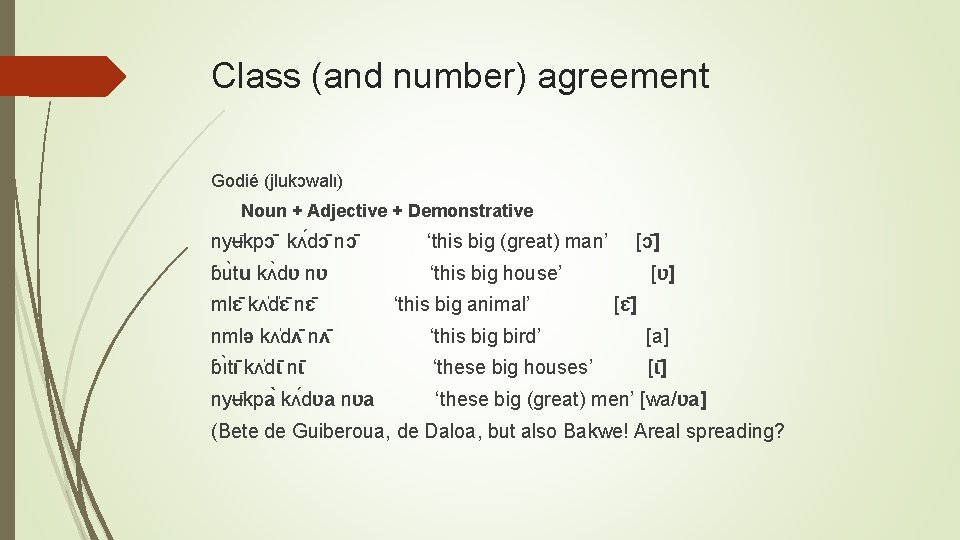 Class (and number) agreement Godié (jlukͻwalι) Noun + Adjective + Demonstrative nyʉ kpɔ kʌ