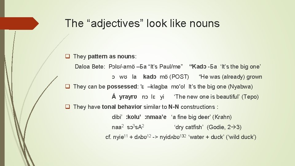 The “adjectives” look like nouns q They pattern as nouns: Daloa Bete: Pͻlʊ/-amӧ –Бa