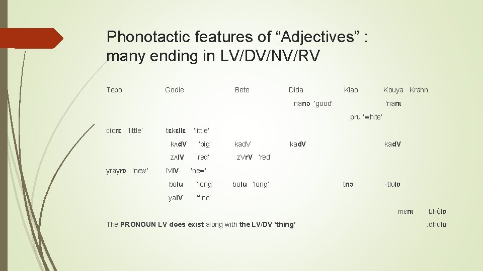 Phonotactic features of “Adjectives” : many ending in LV/DV/NV/RV Tepo Godie Bete Dida Klao