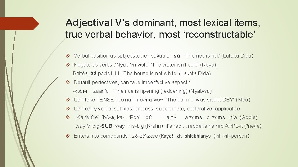 Adjectival V’s dominant, most lexical items, true verbal behavior, most ‘reconstructable’ Verbal position as