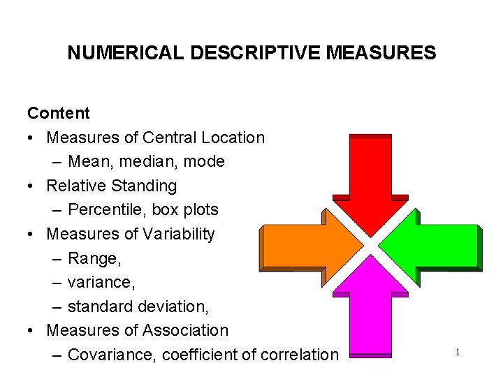 NUMERICAL DESCRIPTIVE MEASURES Content • Measures of Central Location – Mean, median, mode •