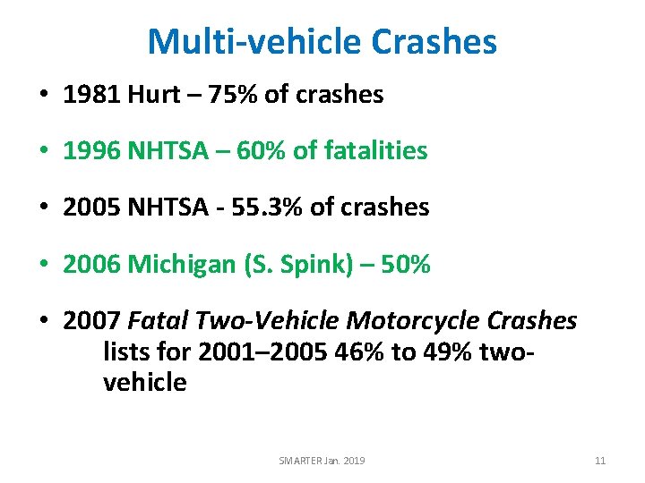 Multi-vehicle Crashes • 1981 Hurt – 75% of crashes • 1996 NHTSA – 60%