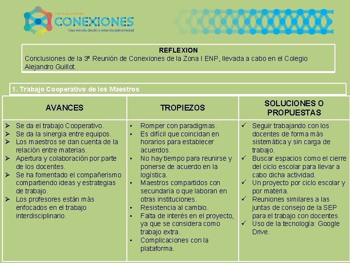 REFLEXION Conclusiones de la 3ª Reunión de Conexiones de la Zona I ENP, llevada