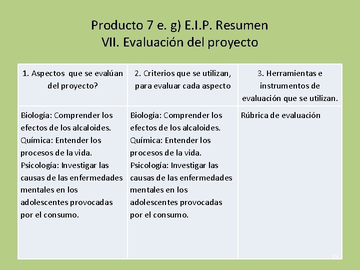 Producto 7 e. g) E. I. P. Resumen VII. Evaluación del proyecto 1. Aspectos