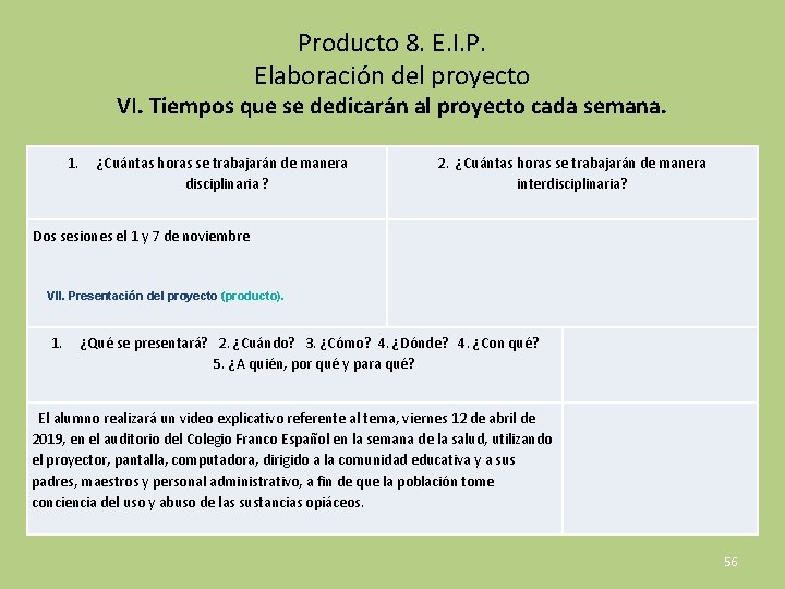 Producto 8. E. I. P. Elaboración del proyecto VI. Tiempos que se dedicarán al