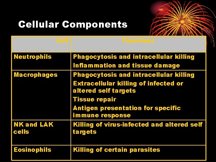 Cellular Components Cell Functions Neutrophils Phagocytosis and intracellular killing Inflammation and tissue damage Macrophages