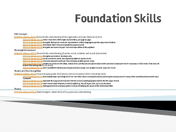 Foundation Skills Print Concepts CCSS. ELA-Literacy. RF. K. 1 Demonstrate understanding of the organization