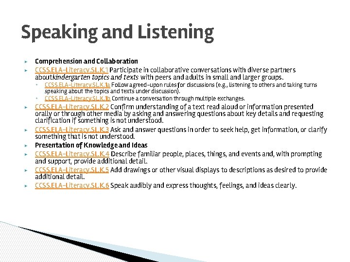 Speaking and Listening ▶ ▶ Comprehension and Collaboration CCSS. ELA-Literacy. SL. K. 1 Participate