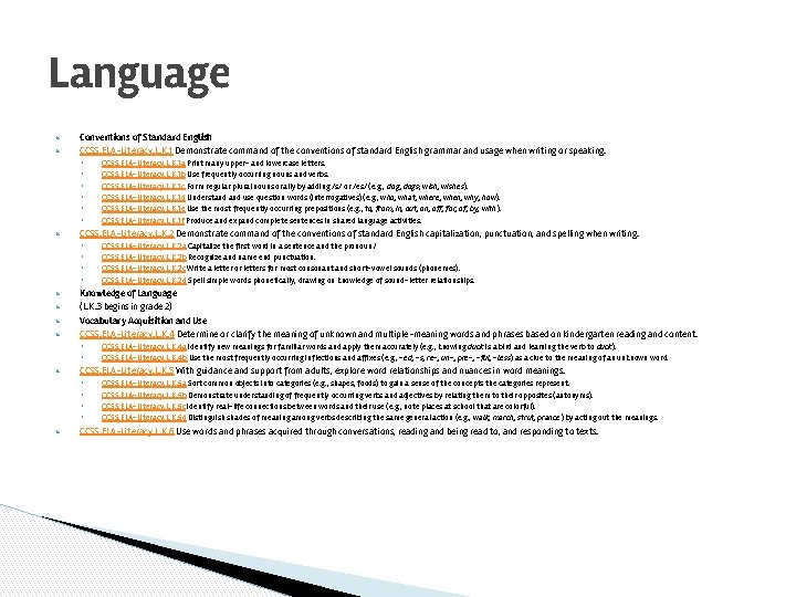 Language ▶ ▶ Conventions of Standard English CCSS. ELA-Literacy. L. K. 1 Demonstrate command